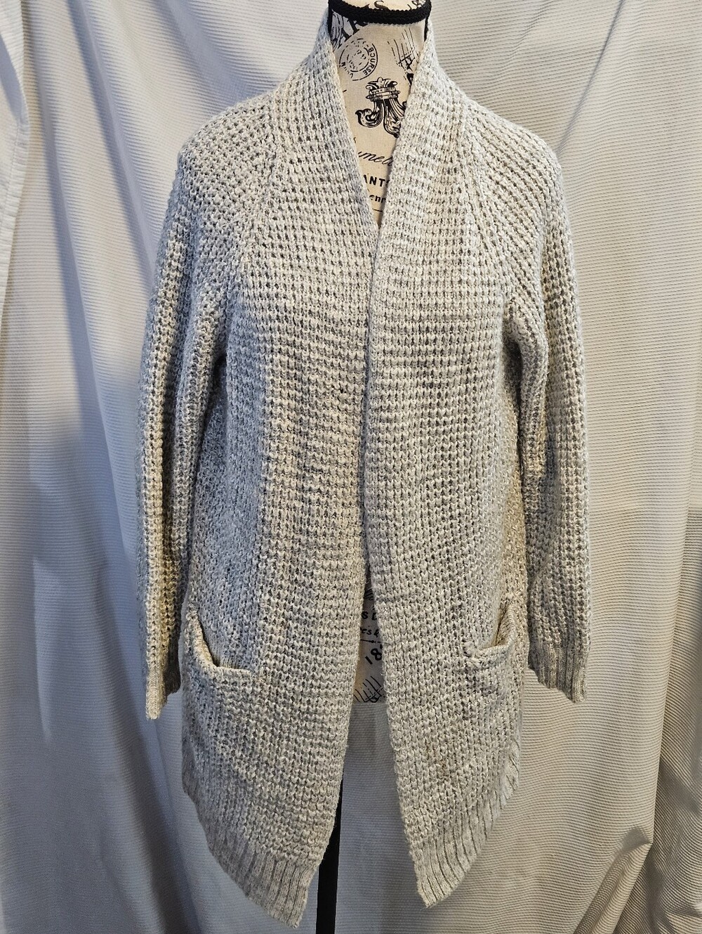 Pink Clover Gray Chunky Waffle Knit Open Front Cardigan Sweater Medium Flaw